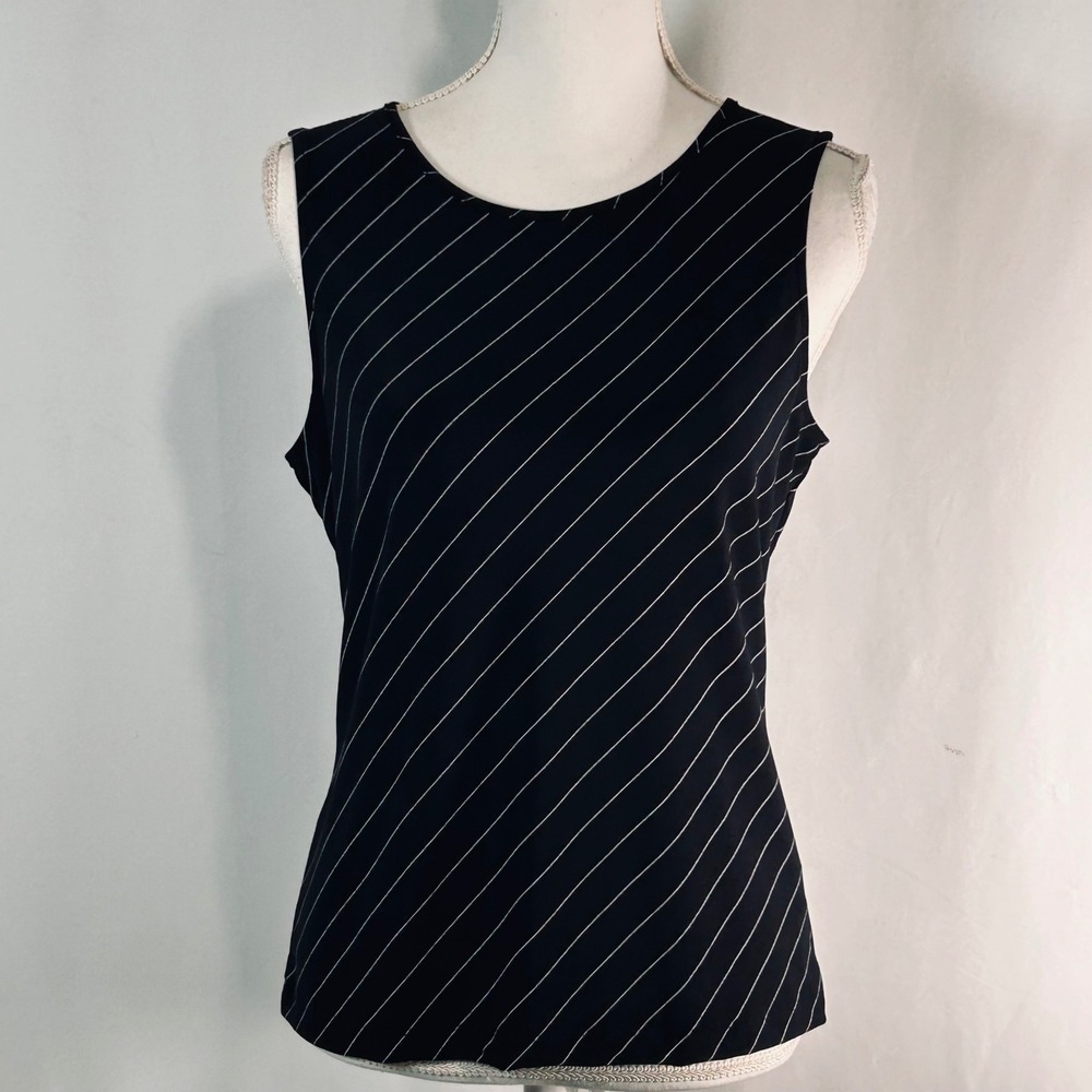 Chaps Womens Black White Diagonal‎ Pinstripe Sleeveless Keyhole Back Top Large